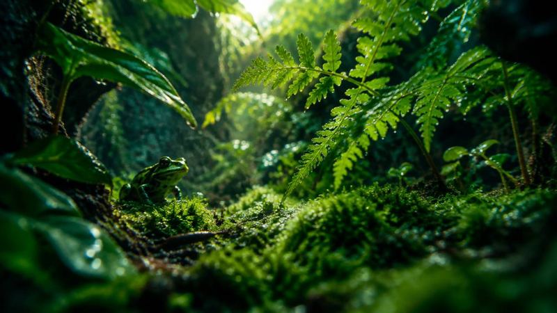Floresta úmida com samambaias, musgo e uma rã